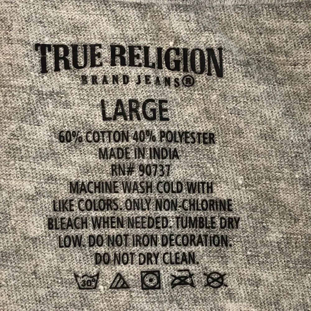 True Religion Mens Heather Gray V-Neck Short Sleeve T-Shirt Red Logo Size Large
